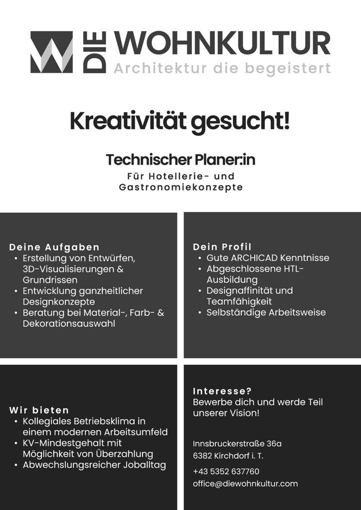 Stellenausschreibung für Technischer Planer:in für Hotellerie- und Gastronomiekonzepte